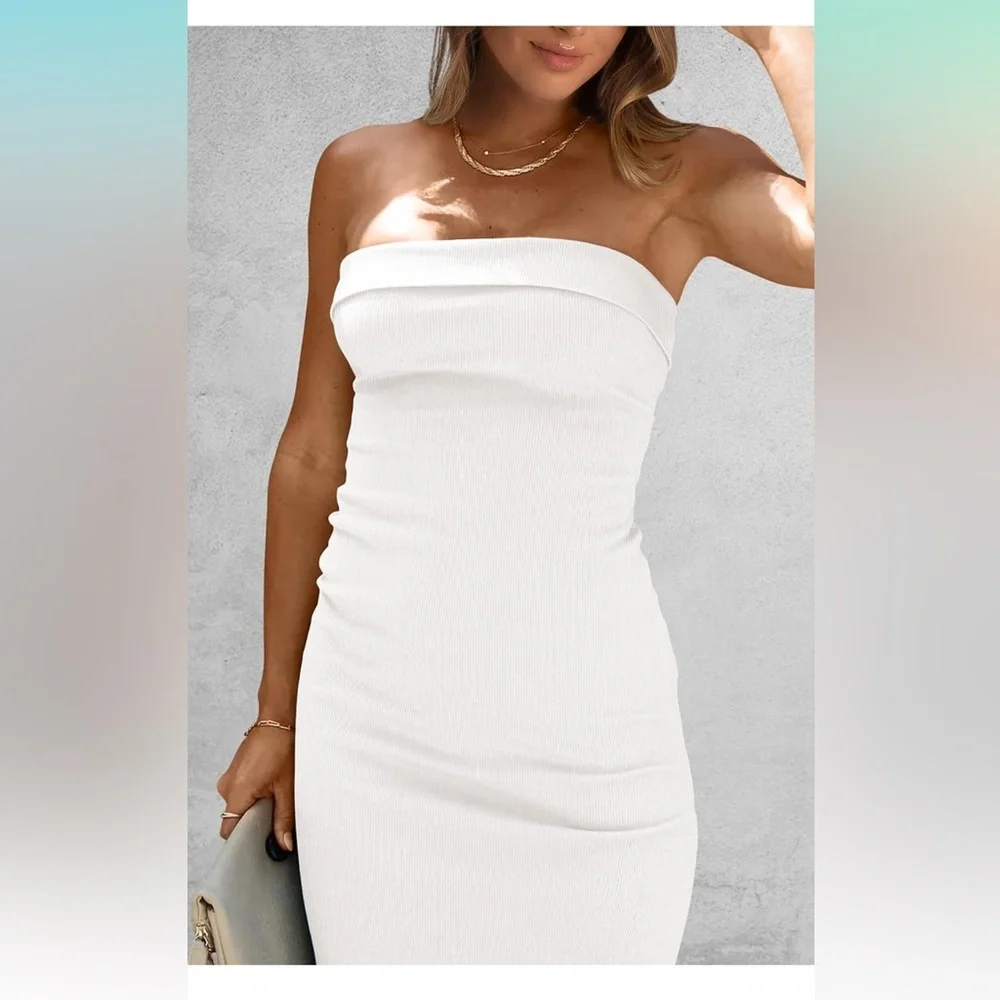 Womens Summer Bodycon Maxi Tube Dress Ribbed Strapless Side Slit long Dresses - Picture 5 of 6